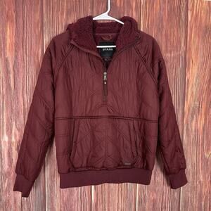 PrAna Elsa Quilted Half Zip Kangaroo Pocket Pullover Hooded Jacket Maroon Small